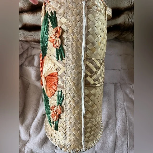 Vintage MCM Bahamian Straw Raffia Lined Tote Bag With Flowers - Picture 5 of 9